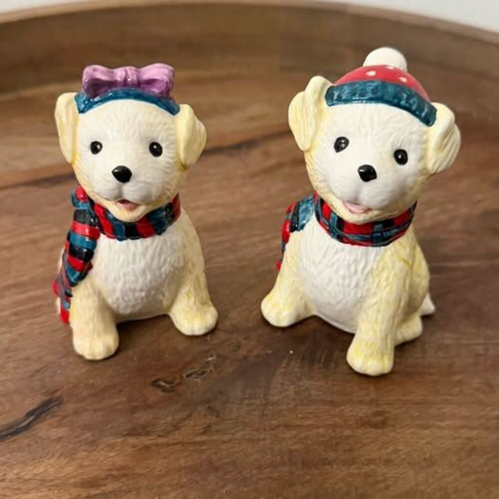 Vintage Ceramic Winter Puppy Dog Salt and Pepper Shakers Set~1997